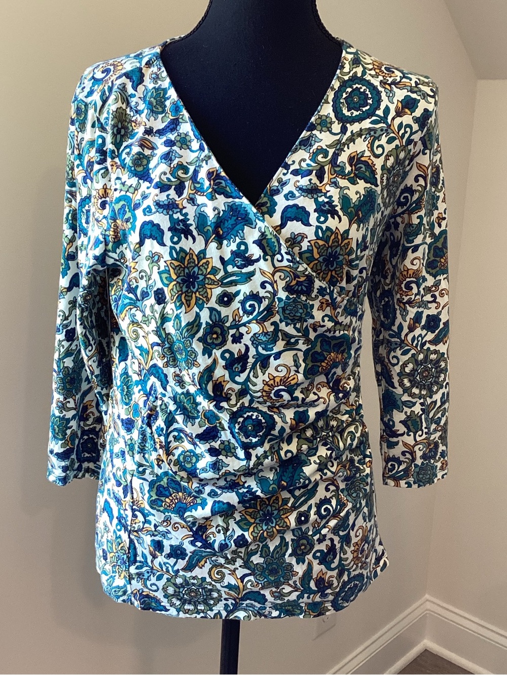 Talbots Floral Faux Wrap Top Medium Blue Paisley Boho Cottagecore Coastal Chic